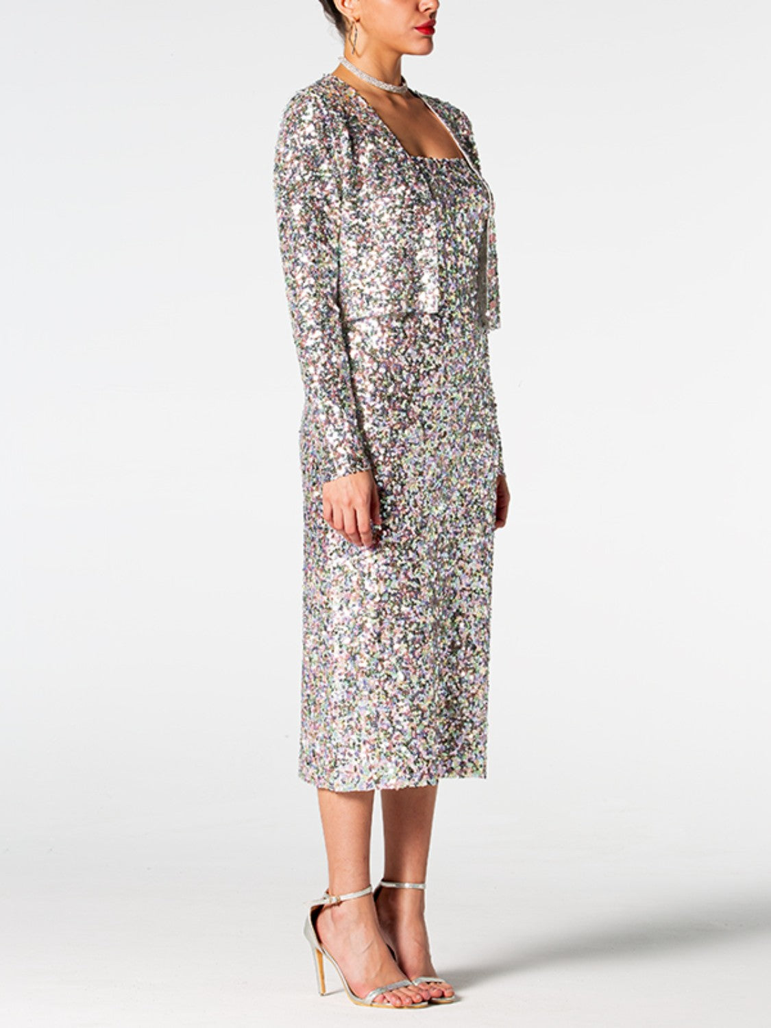 Sequin Cardigan and Straight Dress Set 