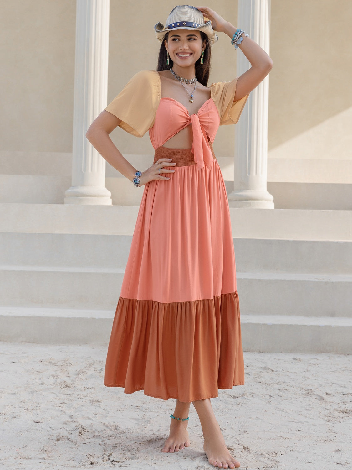 Color Block Tie Front Smocked Midi Dress 