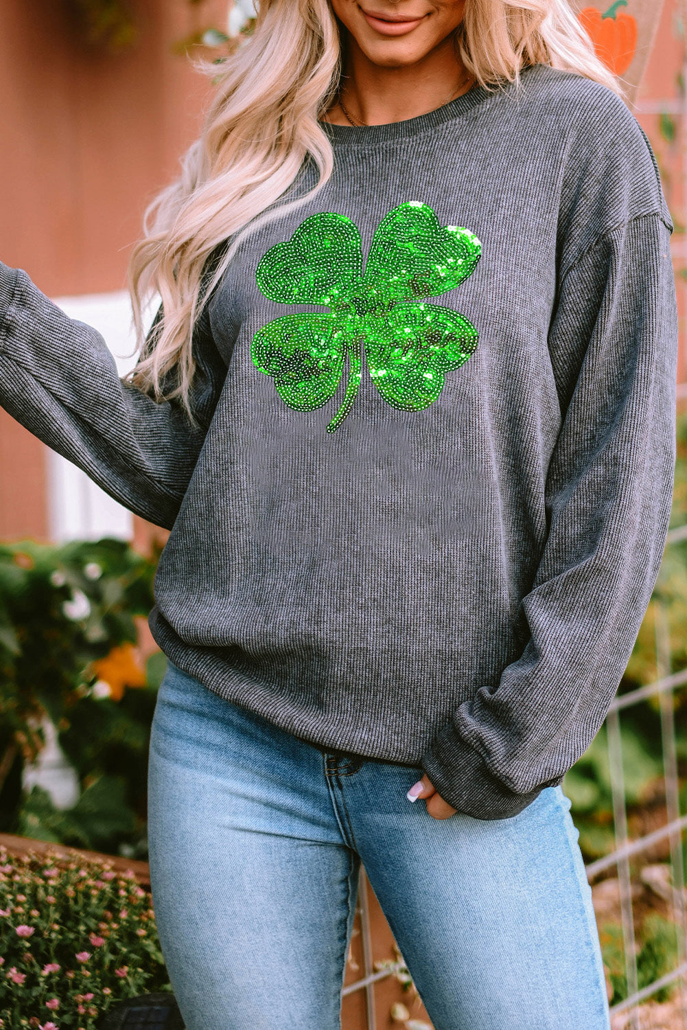 Lucky Clover Sequin Round Neck Sweatshirt - Babbazon sweatshirt