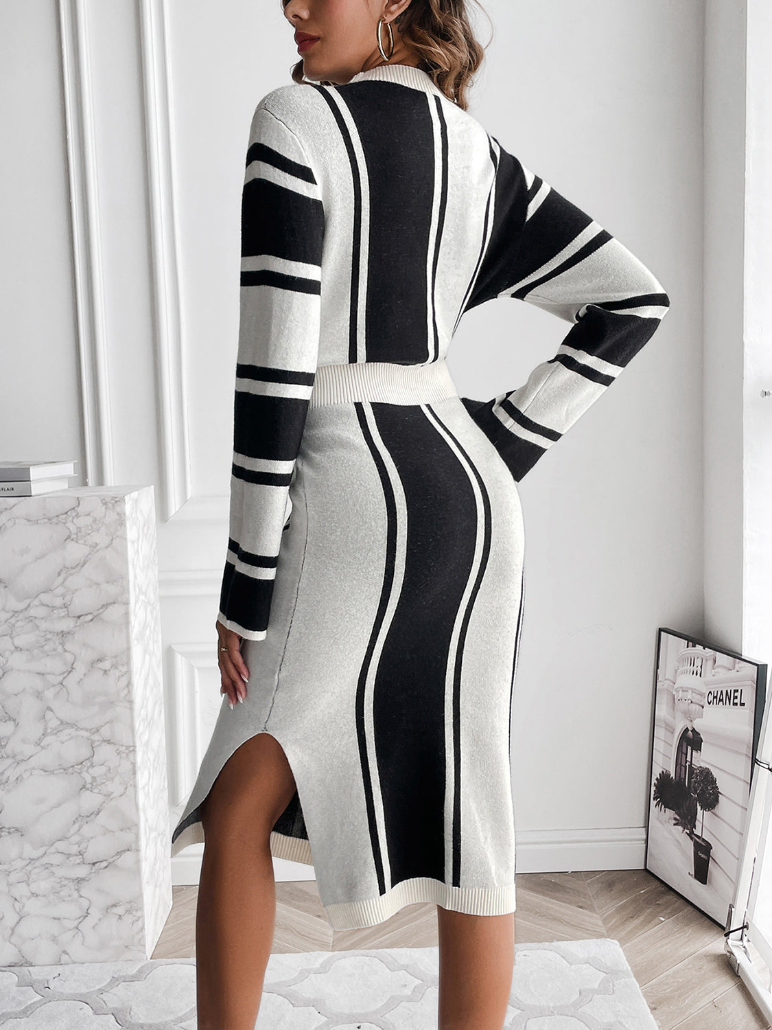 Slit Striped Mock Neck Sweater Dress 