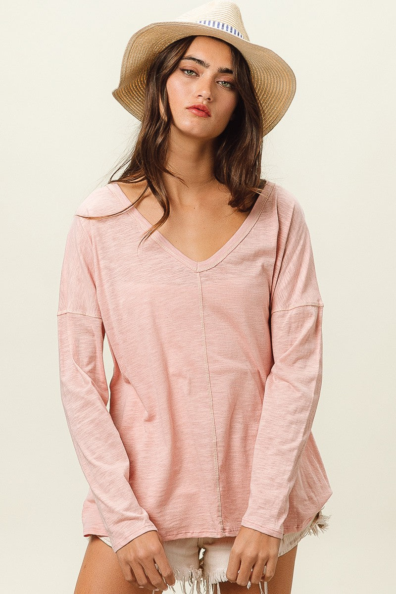 BiBi Exposed Seam V-Neck Long Sleeve T-Shirt 