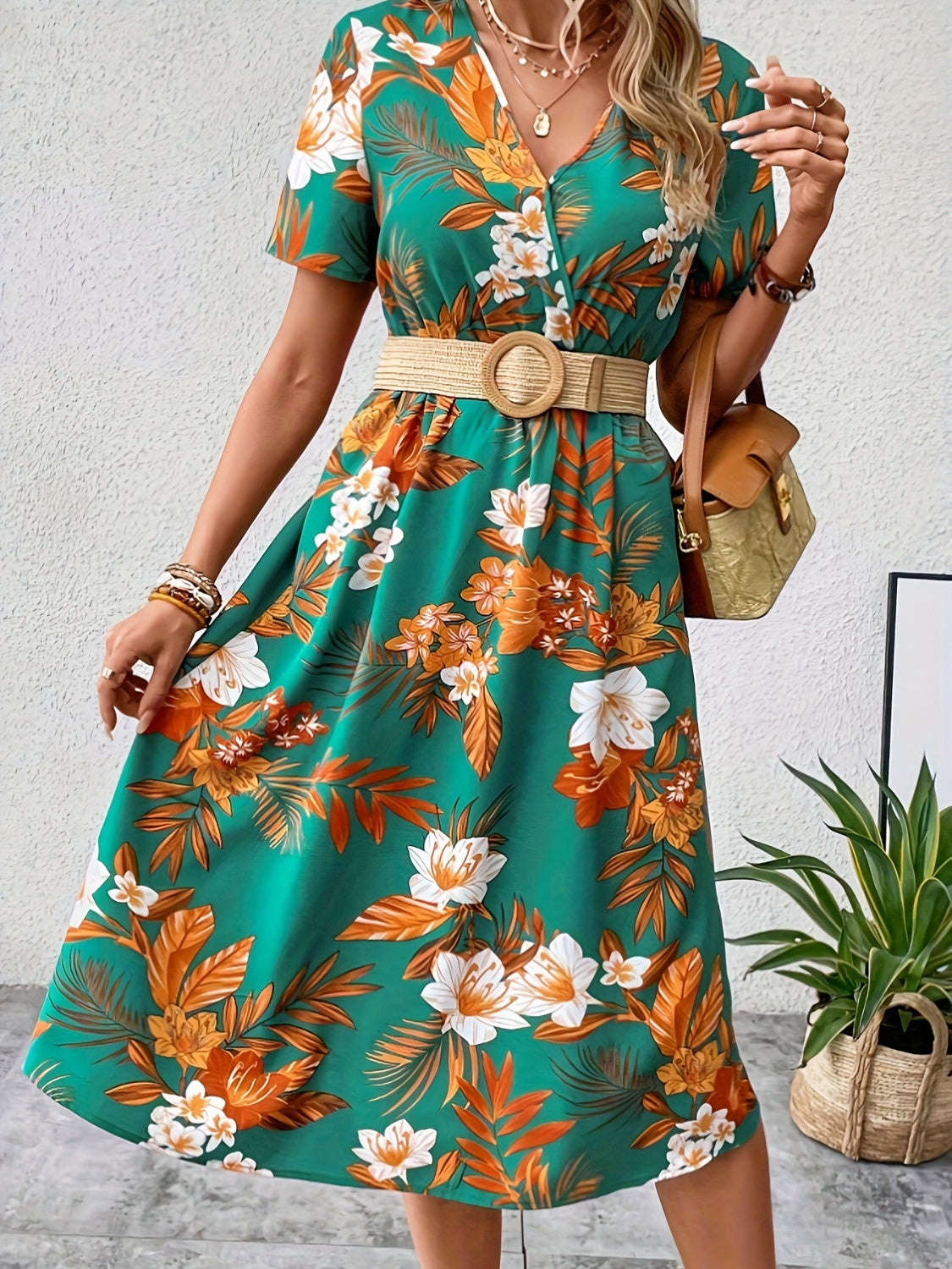 Floral Surplice Short Sleeve Dress 