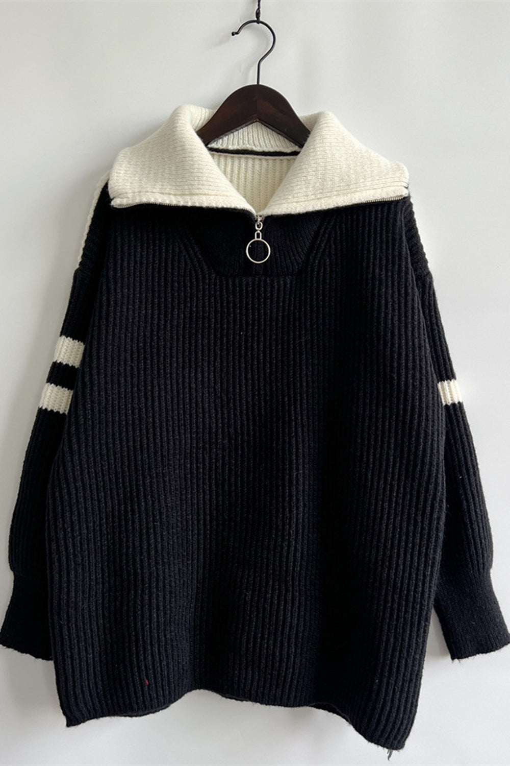 Quarter Zip Striped Dropped Shoulder Sweater 