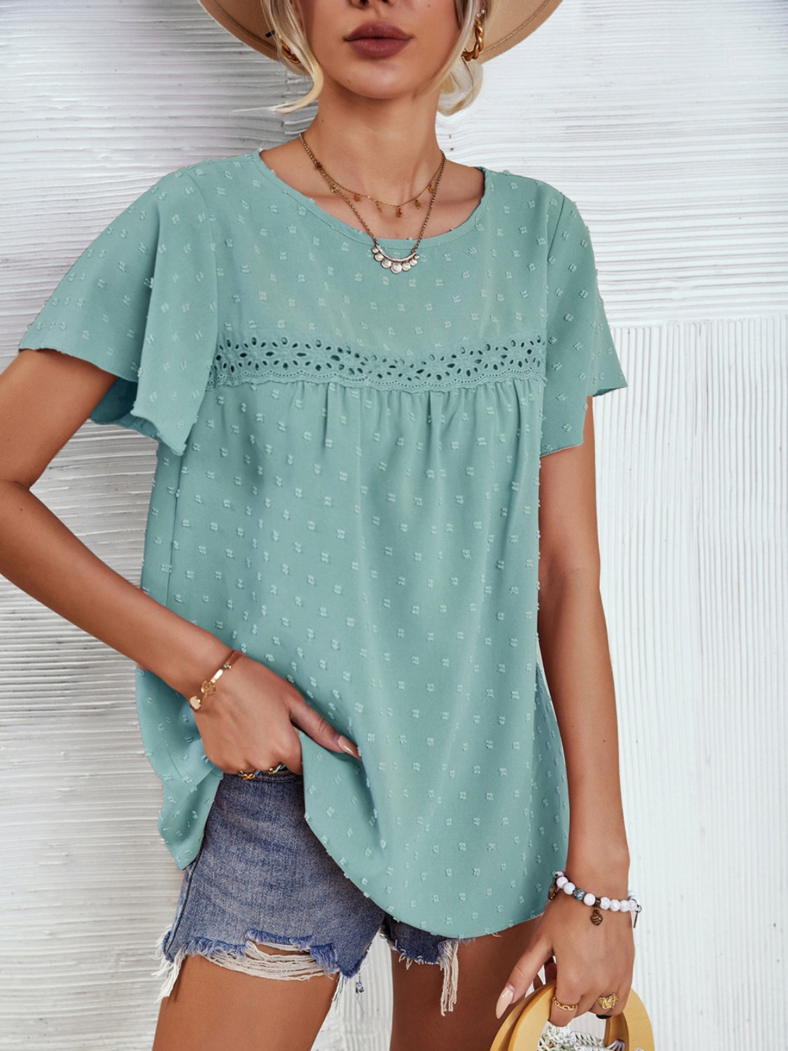 Lace Detail Round Neck Short Sleeve Blouse 