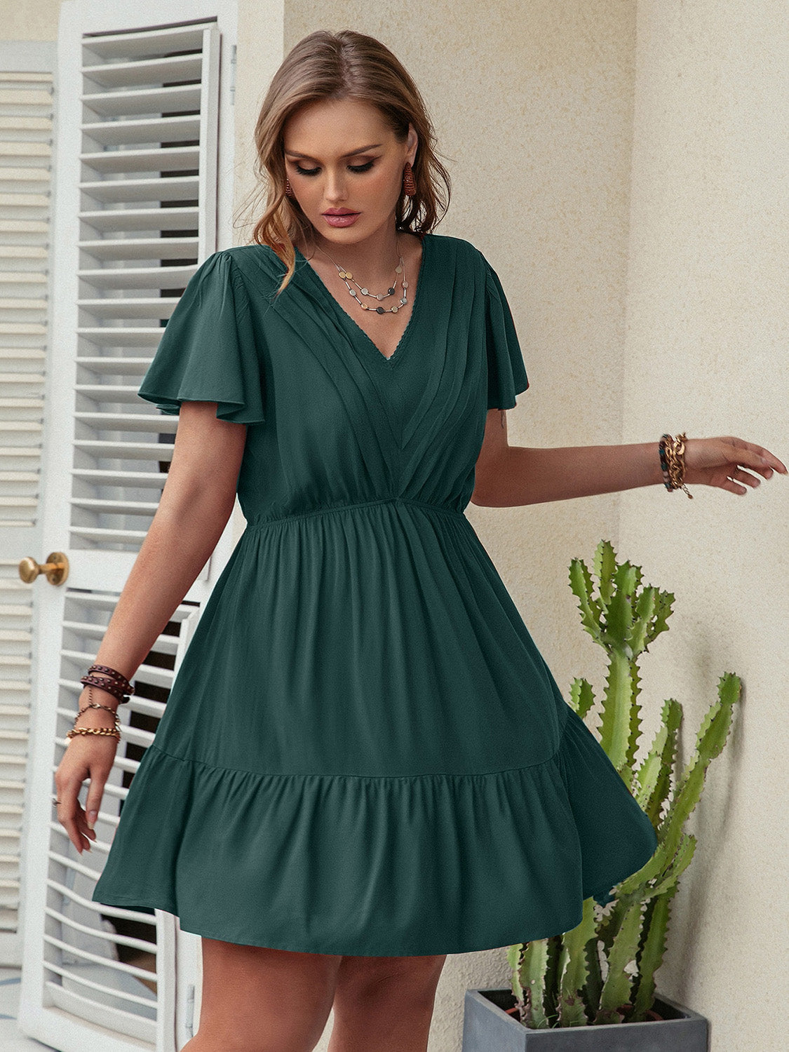 Double Take Plus Size Ruffle Hem V-Neck Short Sleeve Dress 