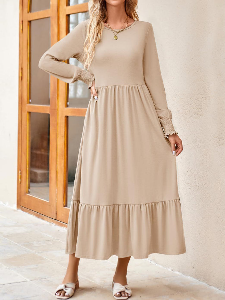 Round Neck Lantern Sleeve Ruffle Hem Dress - Babbazon Midi Dress