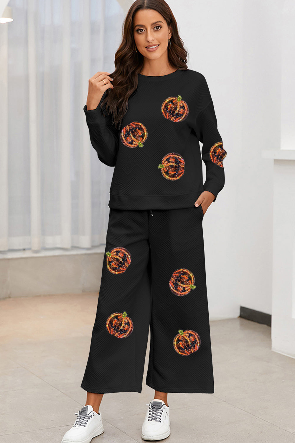 Sequin Patch Pumpkin Top and Pants Set 