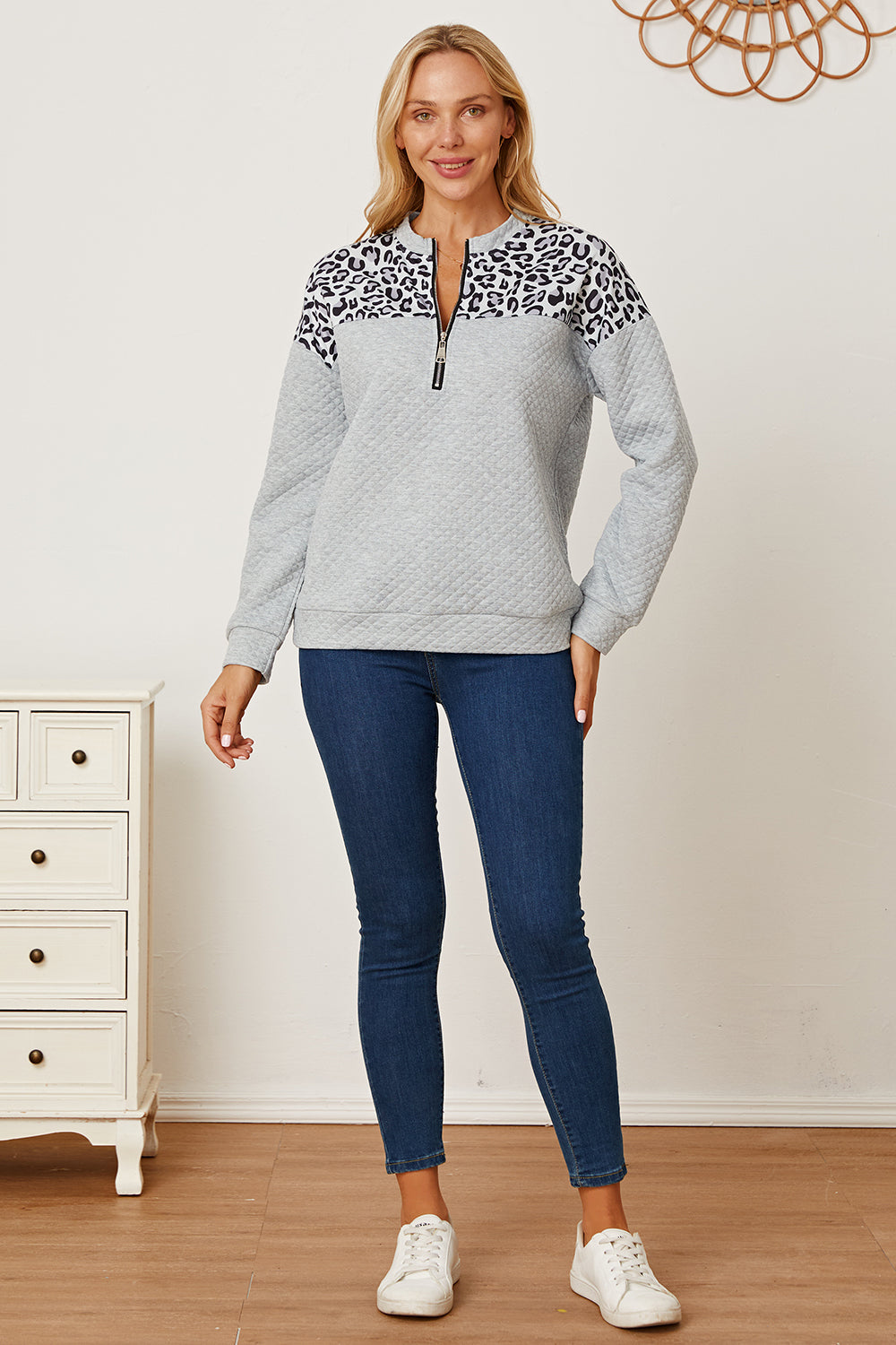 Leopard Half Zip Dropped Shoulder Sweatshirt 