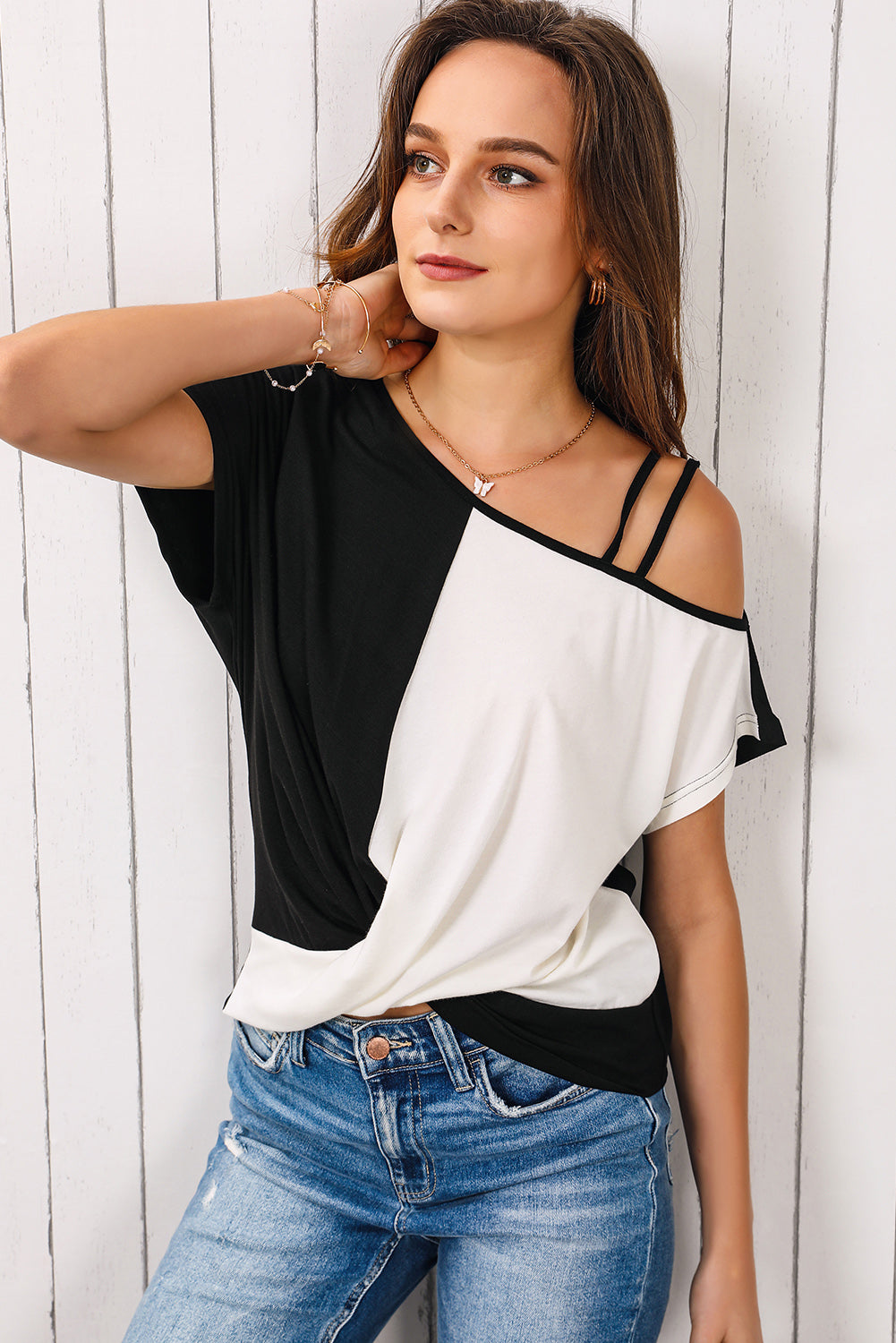 Contrast Twisted Asymmetrical Neck Top - Babbazon Tops