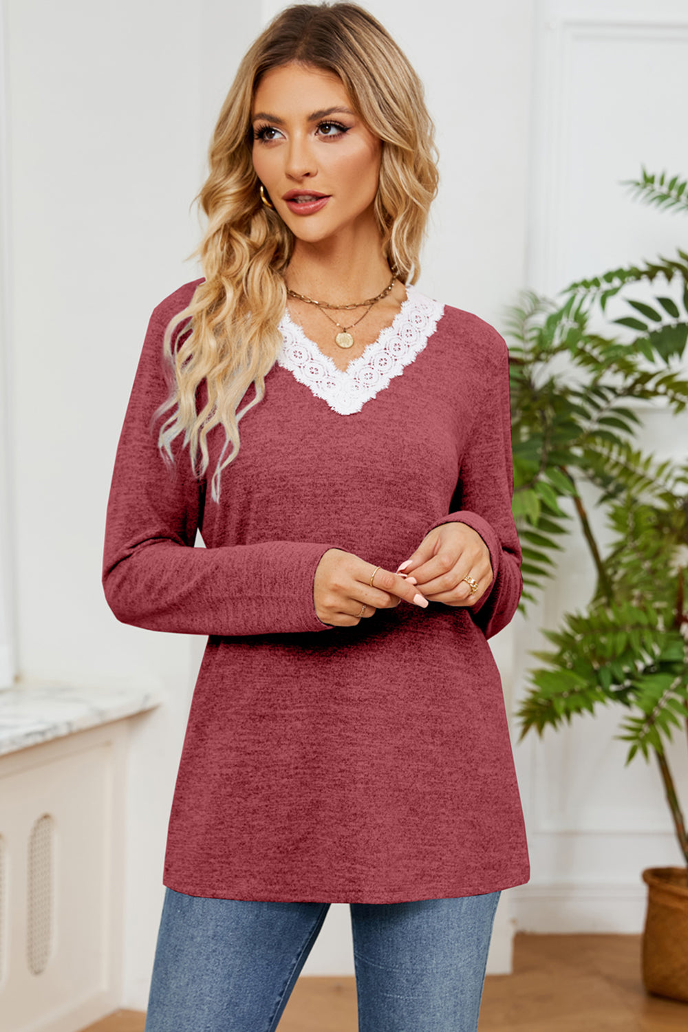 Lace Detail V-Neck Long Sleeve T-Shirt 