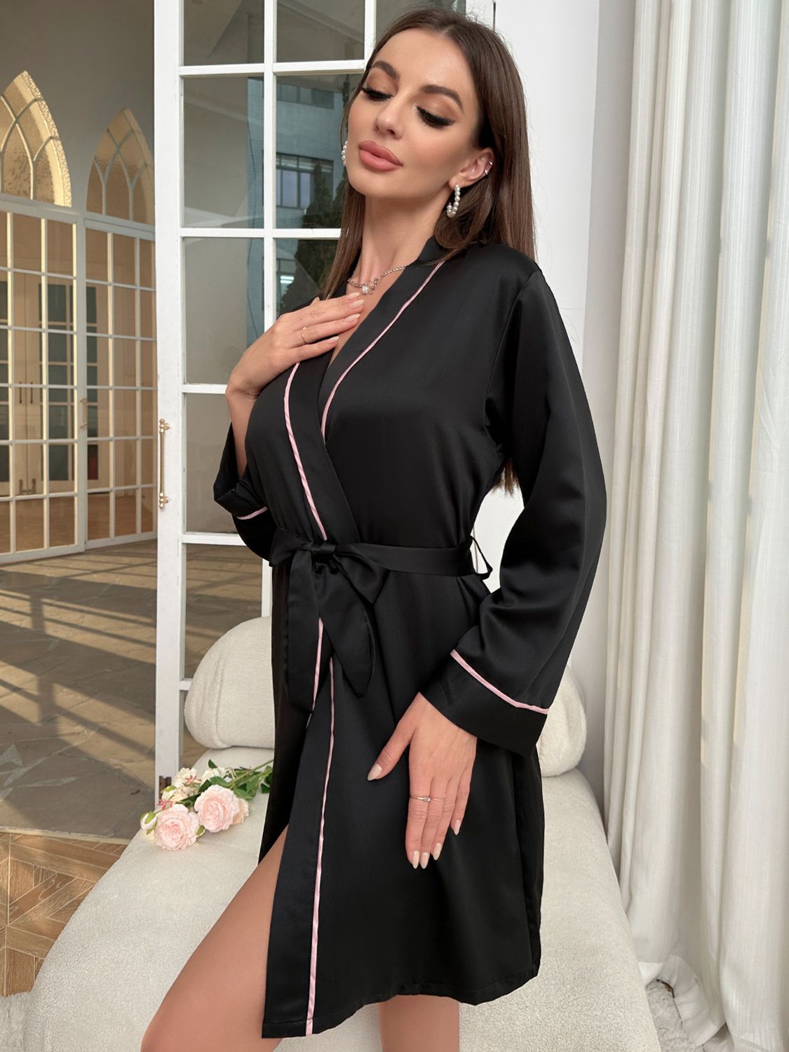 Tie Waist Surplice Neck Robe 