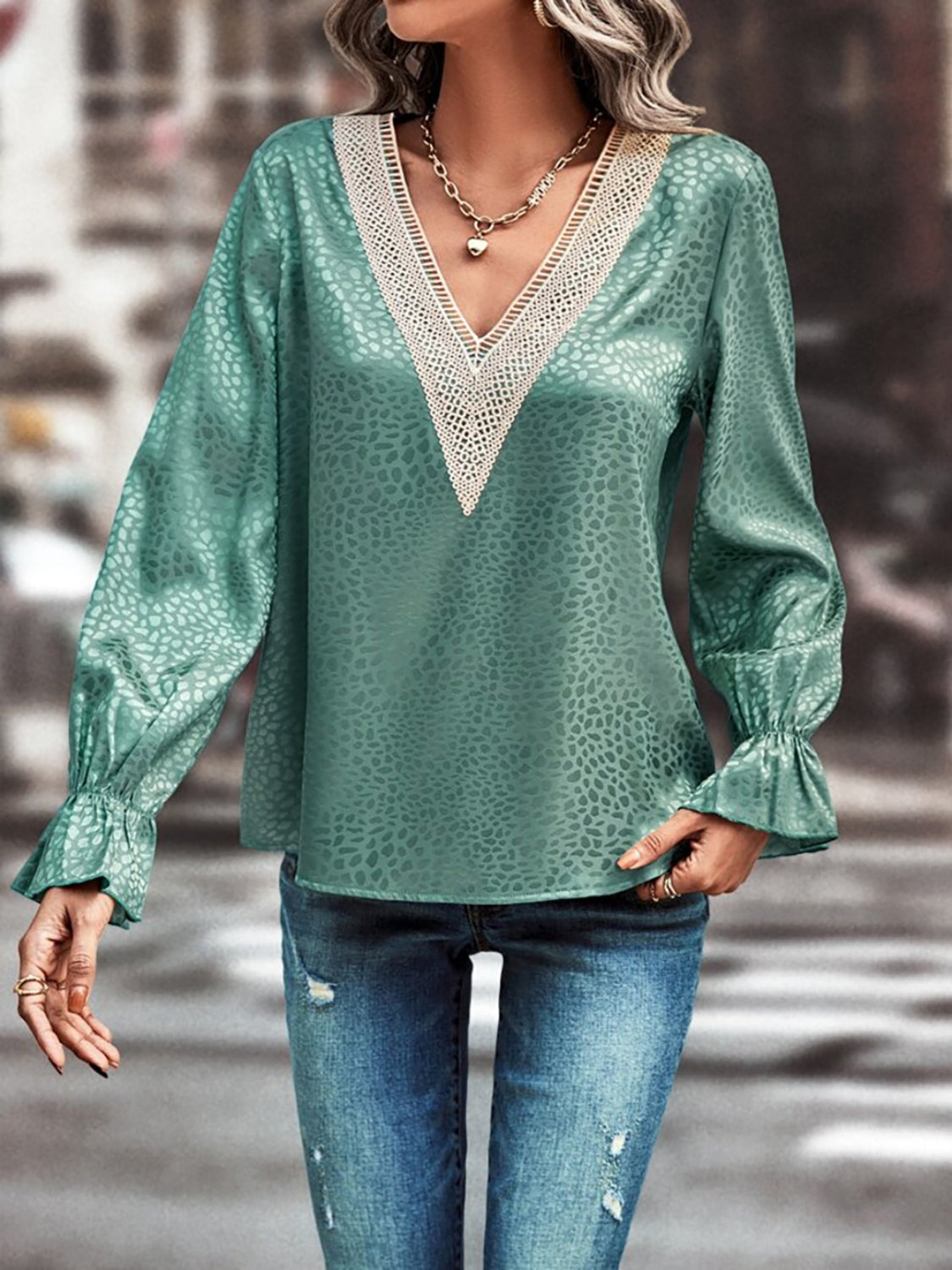 V-Neck Flounce Sleeve Blouse 