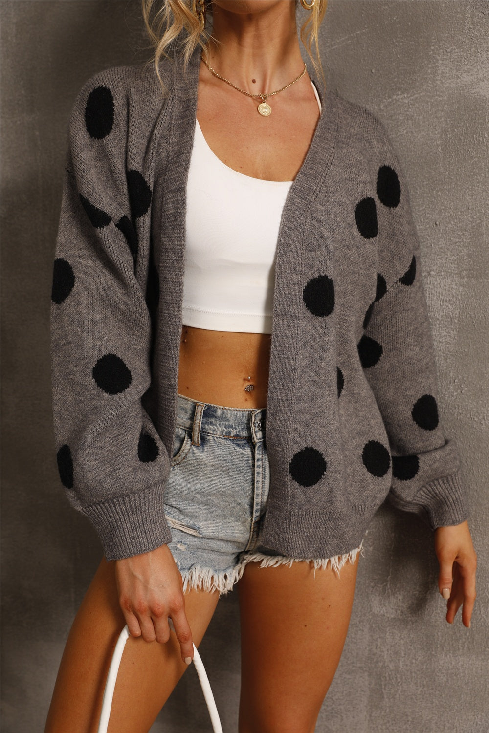 Polka Dot Open Front Cardigan - Babbazon Camisole