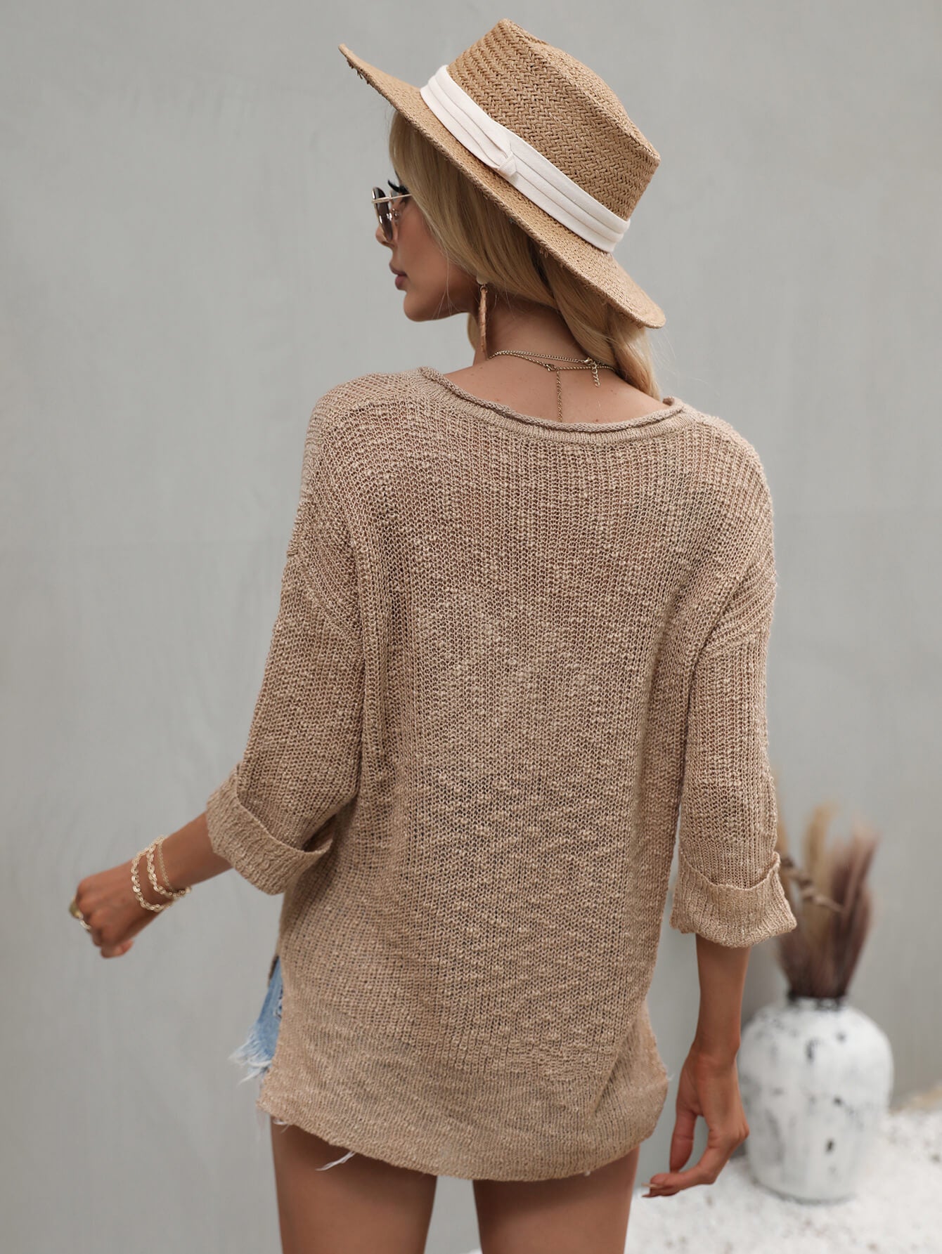 Notched Side Slit Drop Shoulder Sweater 