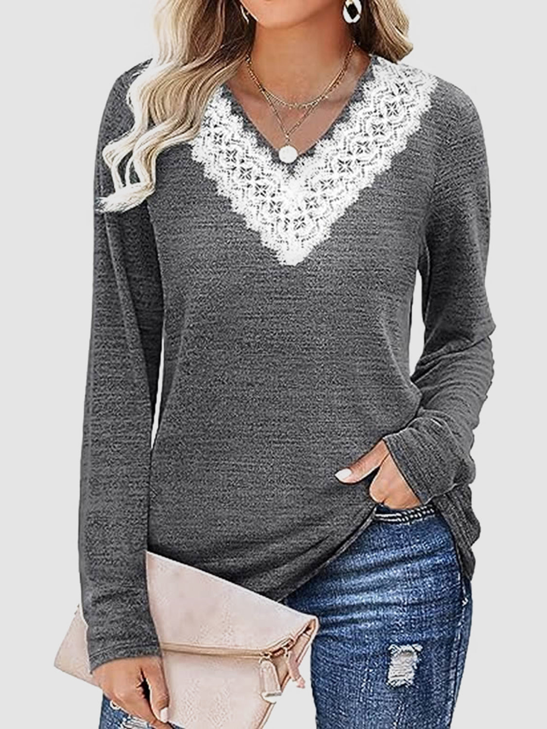 Lace Detail V-Neck Long Sleeve Top