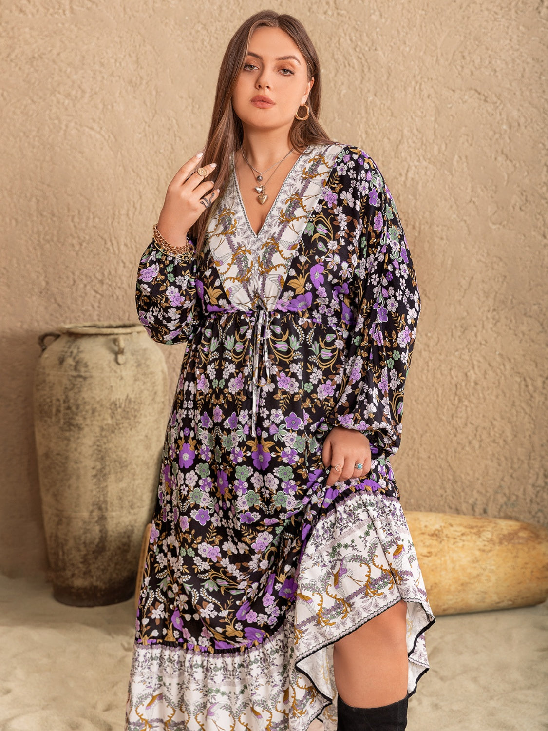 Plus Size V-Neck Balloon Sleeve Printed Midi Dress 