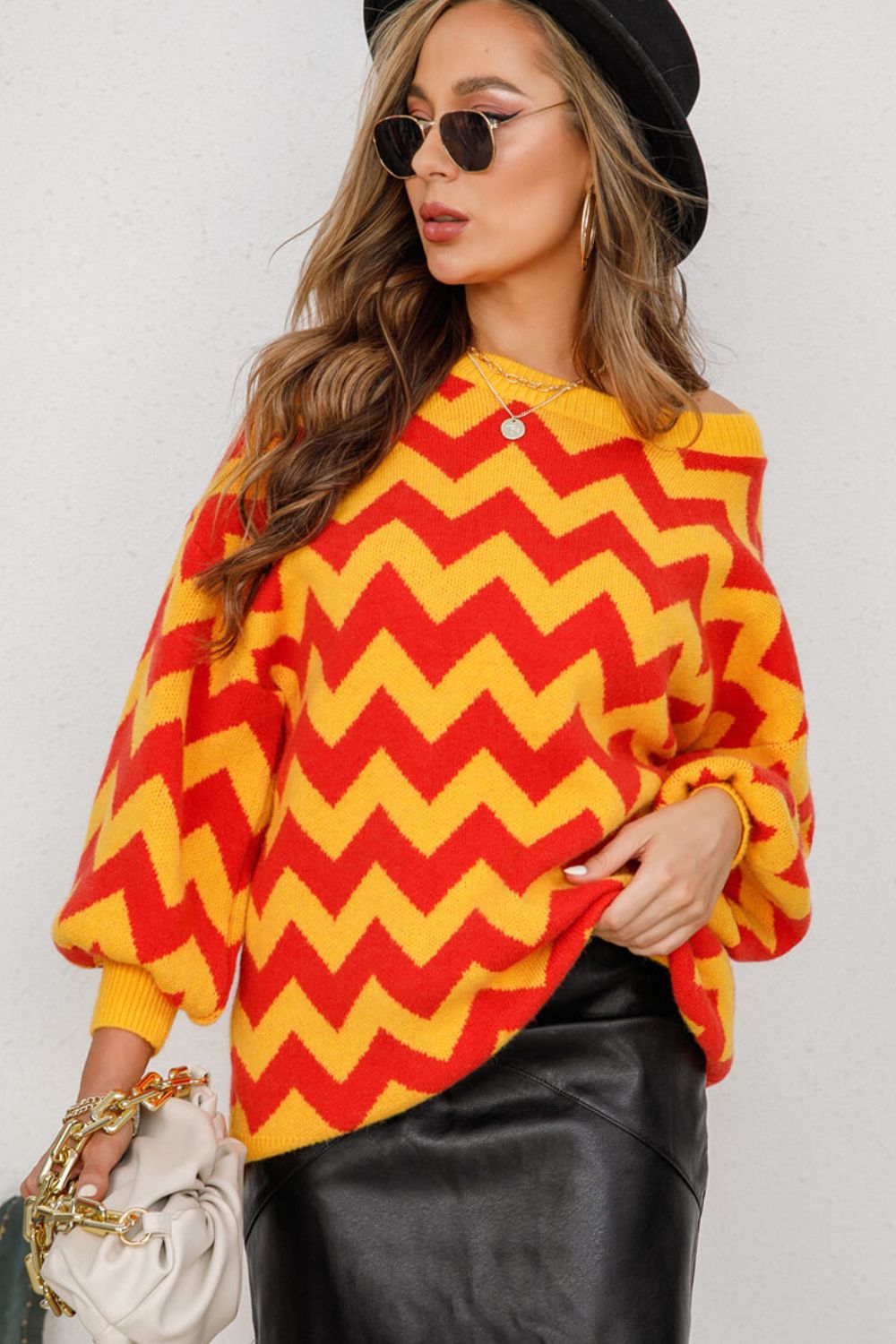 Chevron Lantern Sleeve Tunic Sweater 