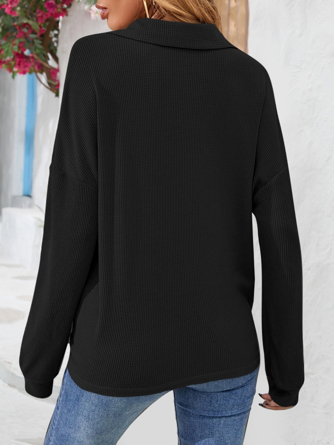 Half Button Collared Neck Long Sleeve Top 