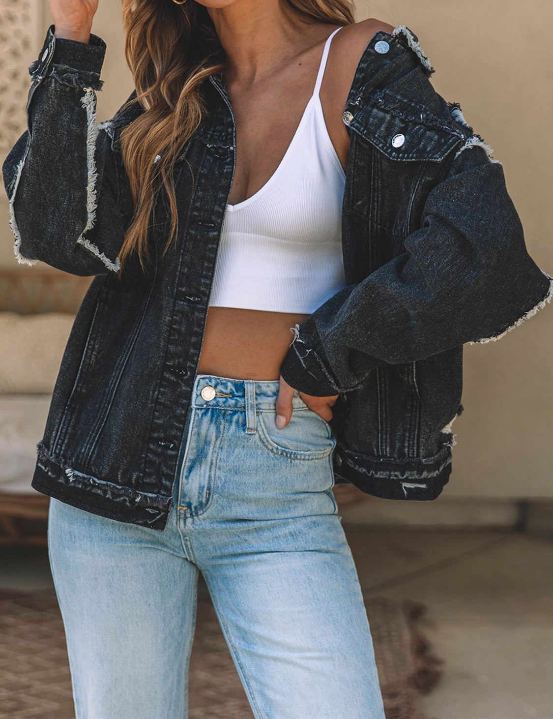 Button Up Raw Hem Distressed Denim Jacket 