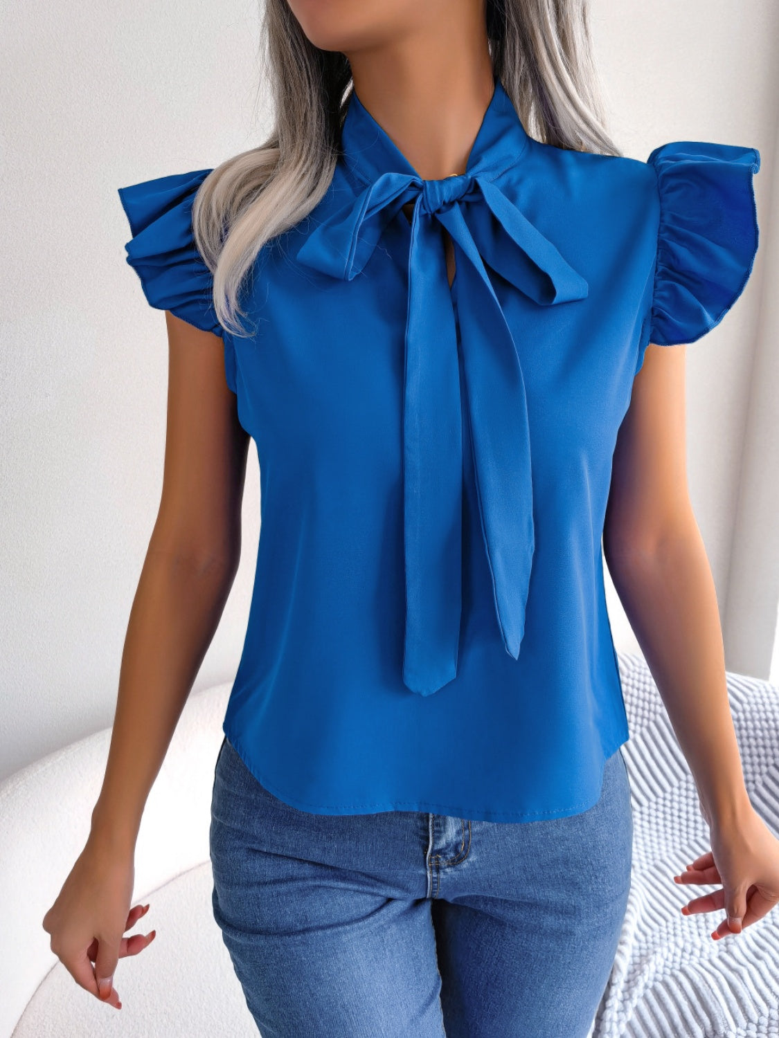 Tie  Neck Cap Sleeve Blouse 