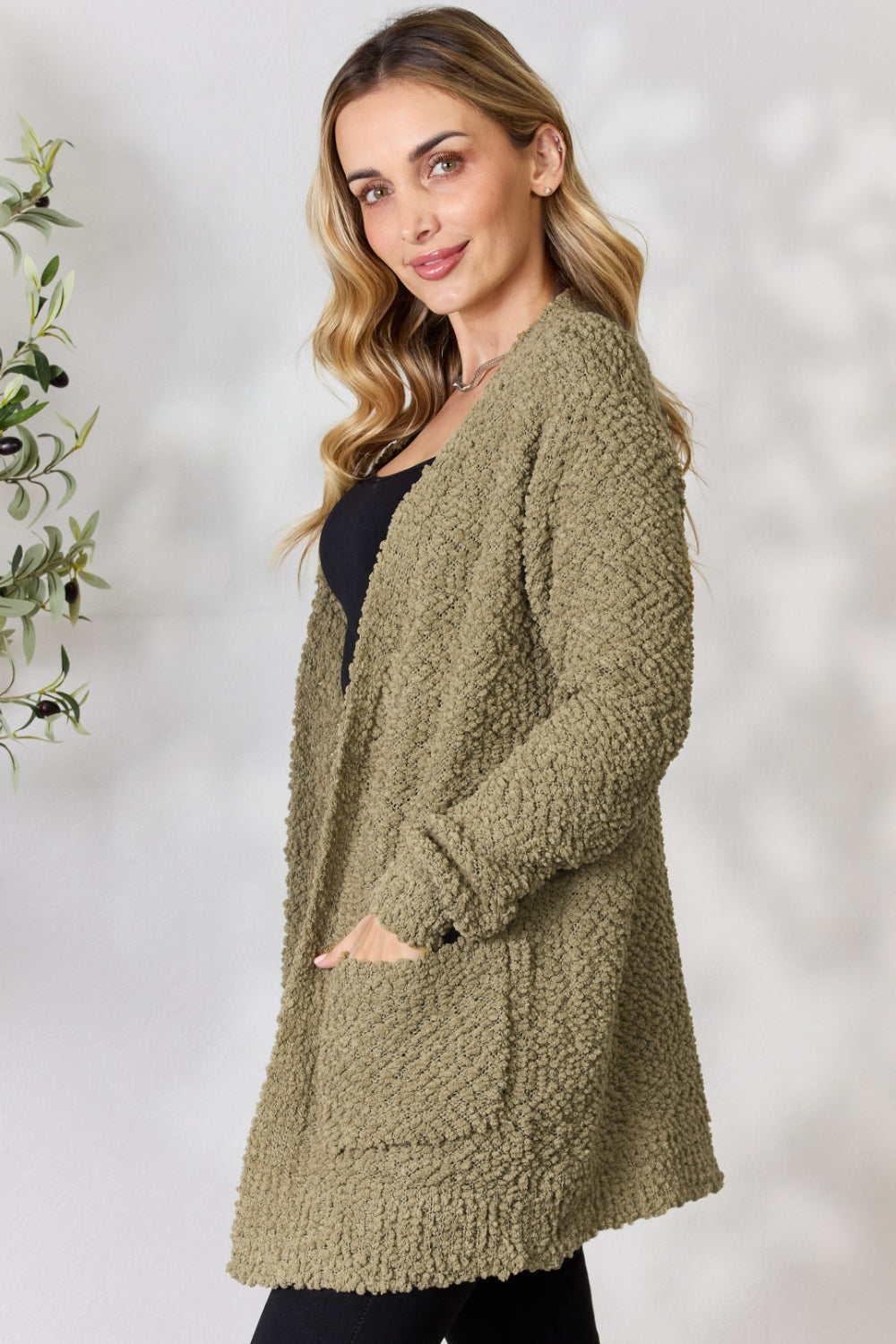 Zenana Falling For You Full Size Open Front Popcorn Cardigan 