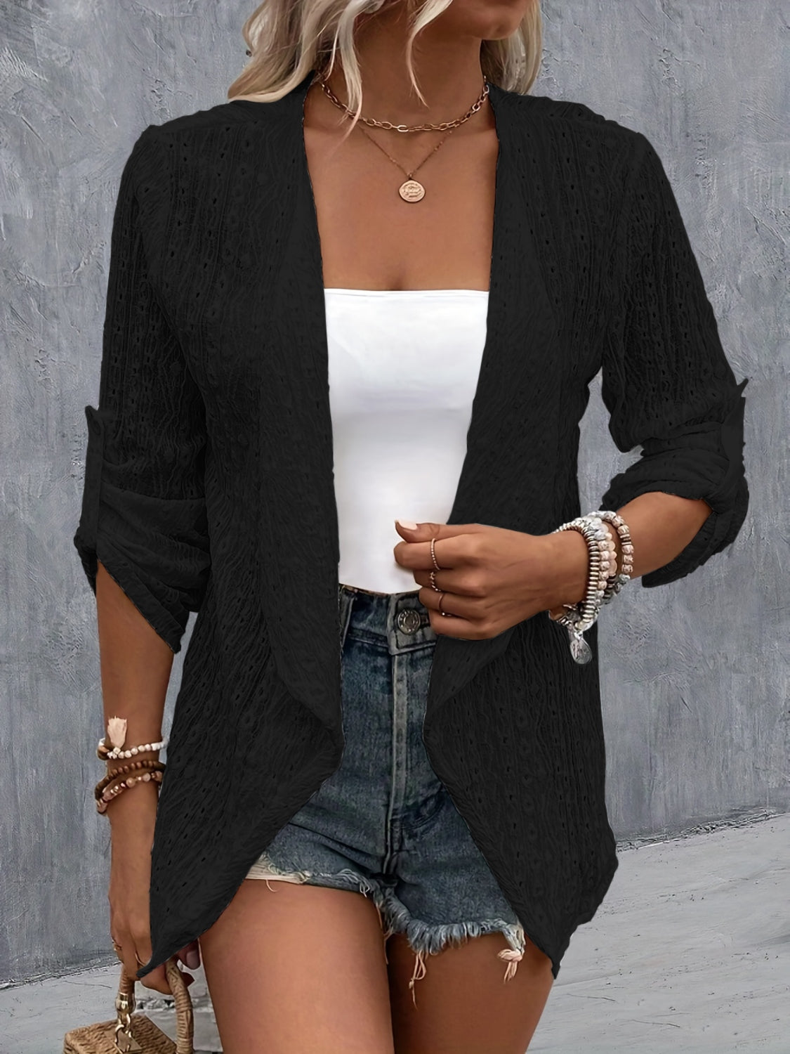 Eyelet Roll-Tab Sleeve Cardigan - Babbazon Camisole