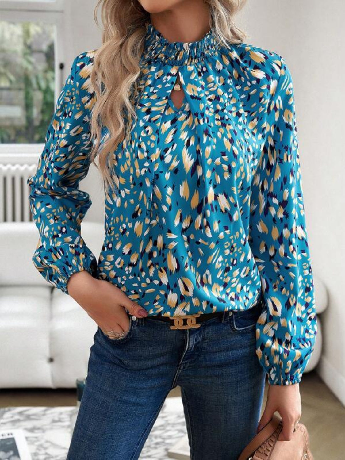 Cutout Printed Mock Neck Balloon Sleeve Blouse 