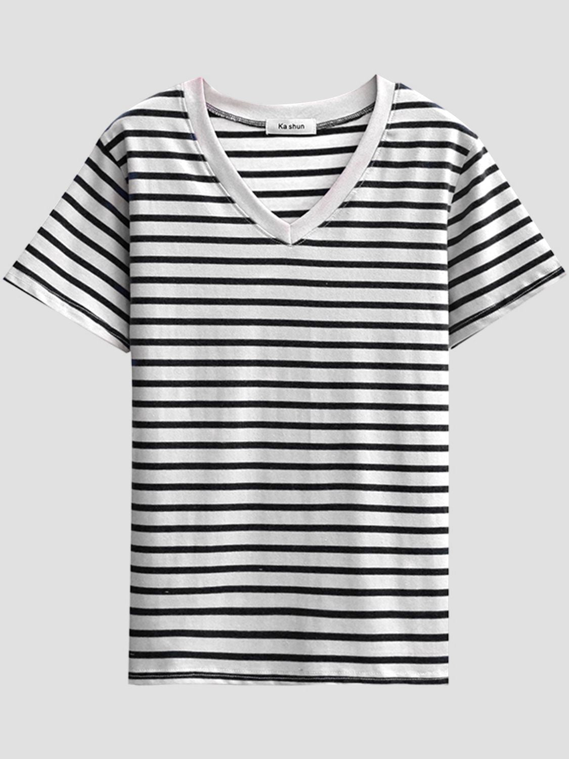 Plus Size Striped V-Neck Short Sleeve T-Shirt - Babbazon Tops