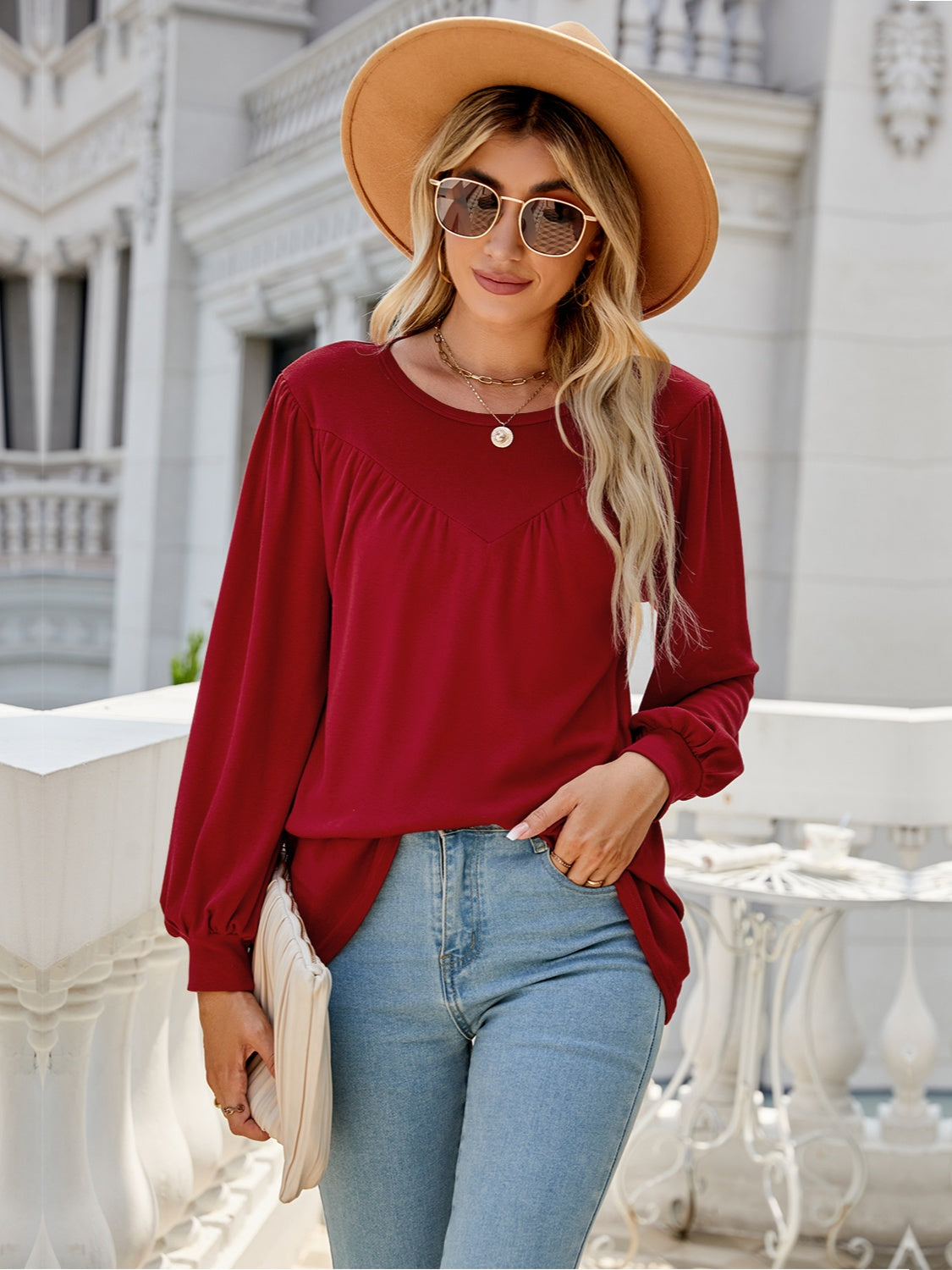 Heathered Round Neck Lantern Sleeve Blouse