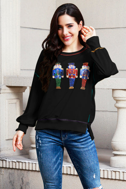 Sequin Nutcracker Round Neck Slit Sweatshirt 