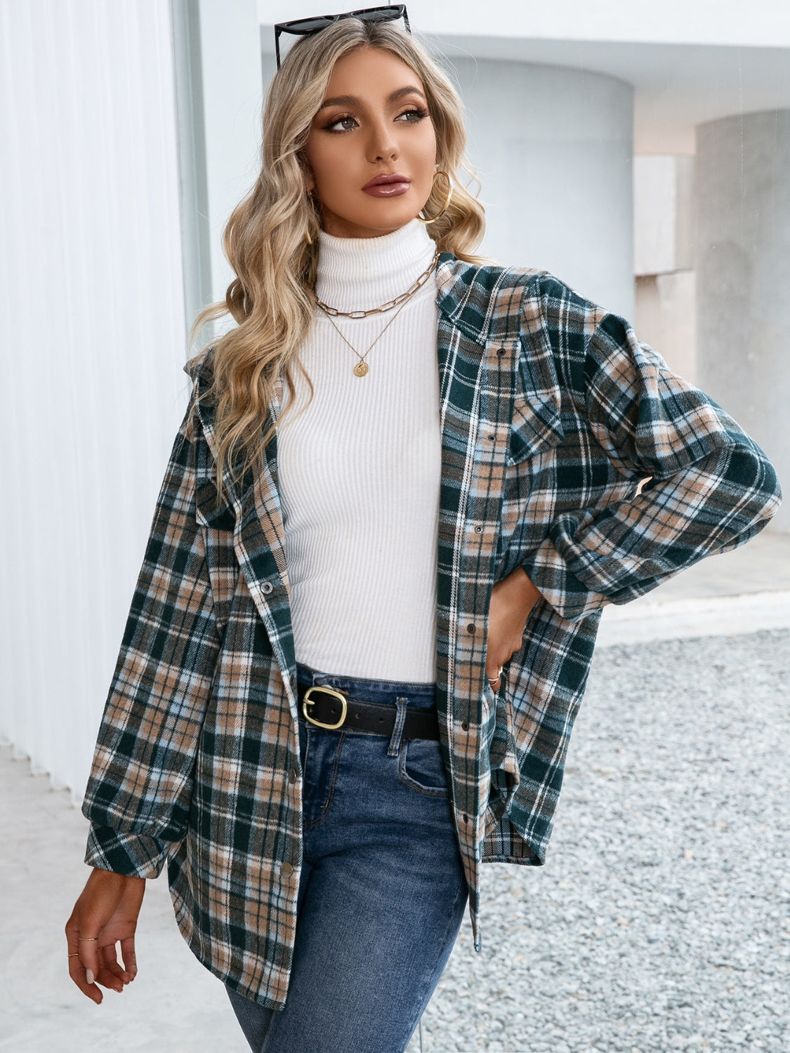 Plaid Snap Down Hooded Jacket 