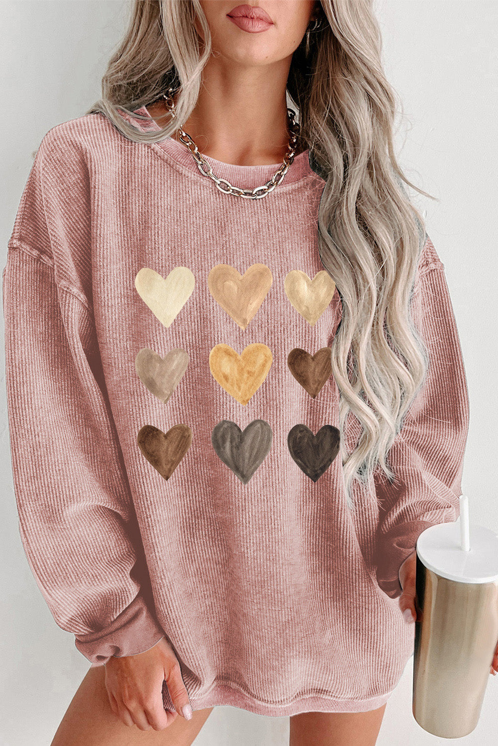 Heart Round Neck Dropped Shoulder Sweatshirt - Babbazon sweatshirt