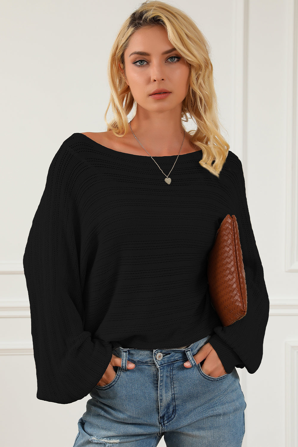 Openwork Boat Neck Lantern Sleeve Sweater 