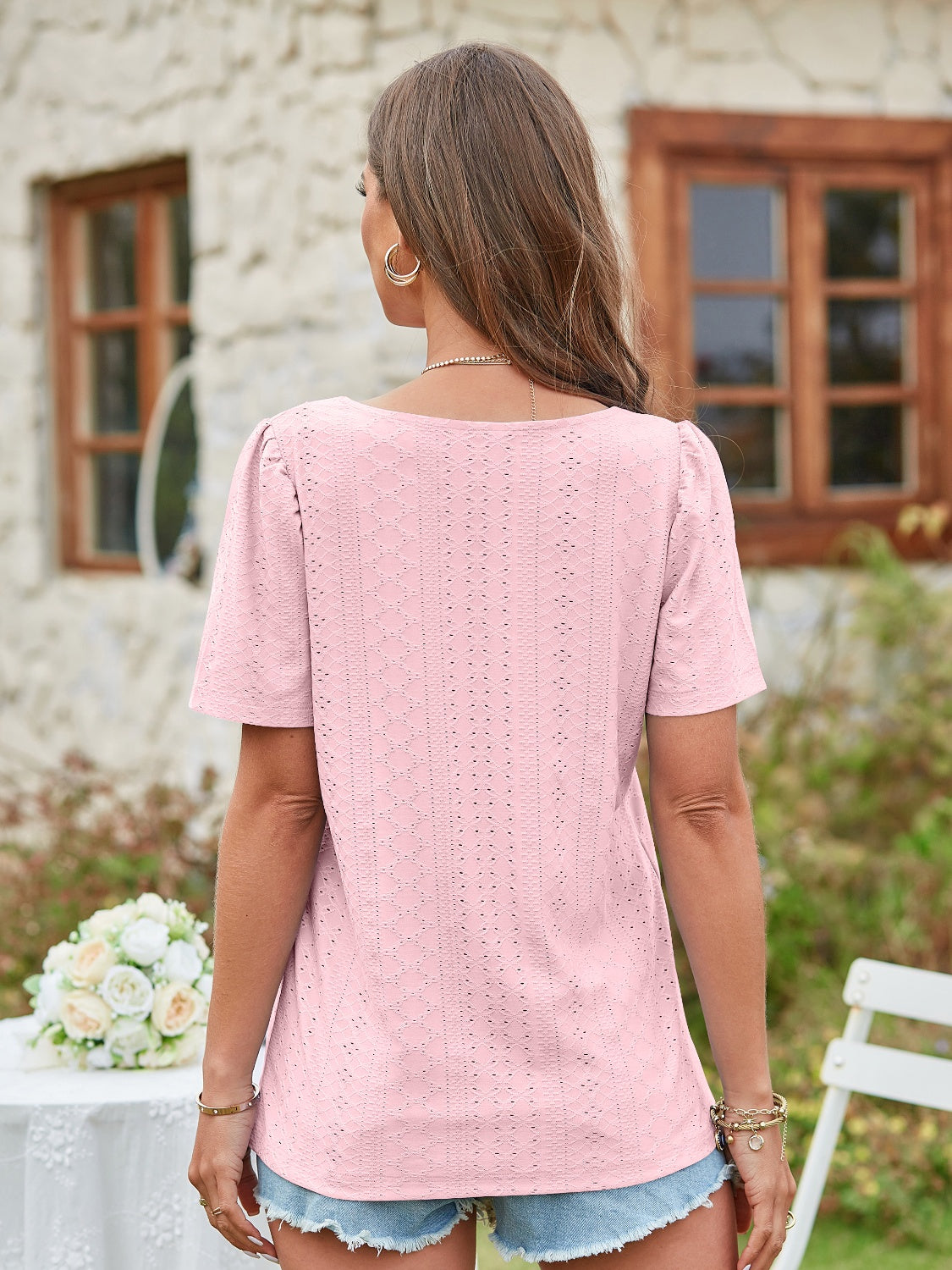 Eyelet Square Neck Short Sleeve Blouse 