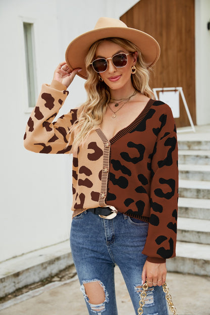 Leopard Button Up Dropped Shoulder Cardigan 