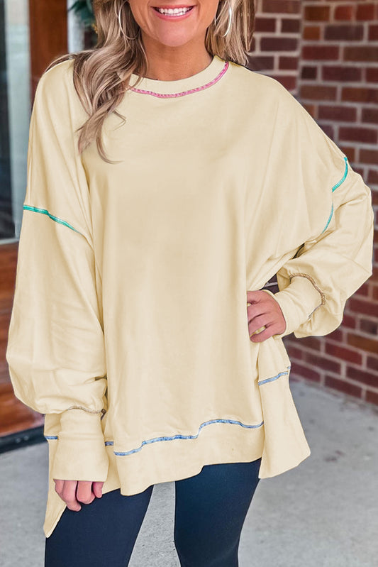 Slit Round Neck Lantern Sleeve Sweatshirt - Babbazon sweatshirt