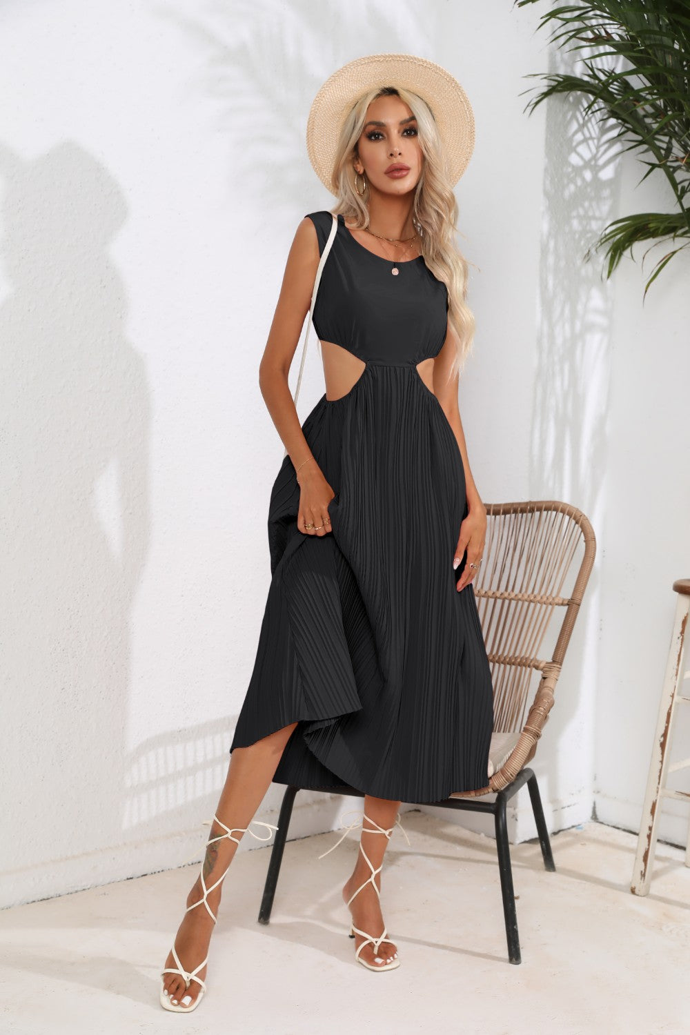 Cutout Ruched Round Neck Tank Dress 