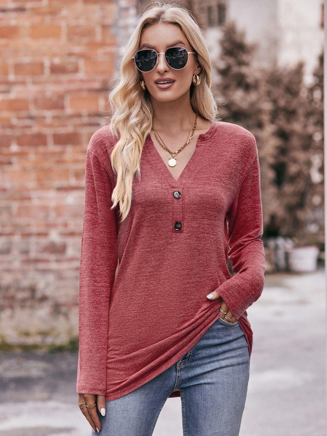 Double Take Buttoned Notched Neck Long Sleeve Top 