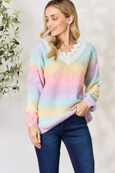 BiBi Rainbow Gradient Crochet Deetail Sweater 