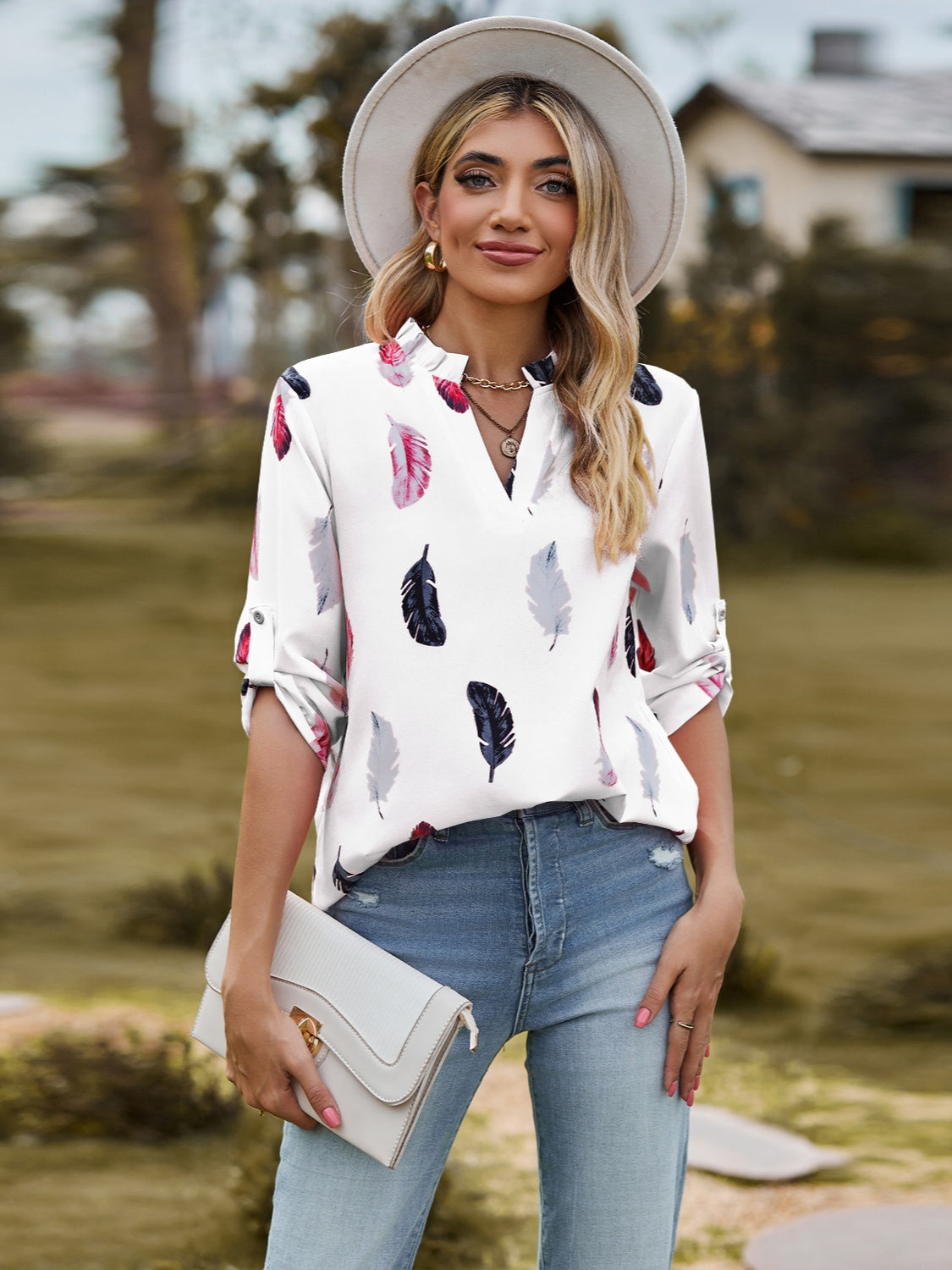 Printed Frill Notched Roll-Tab Sleeve Blouse