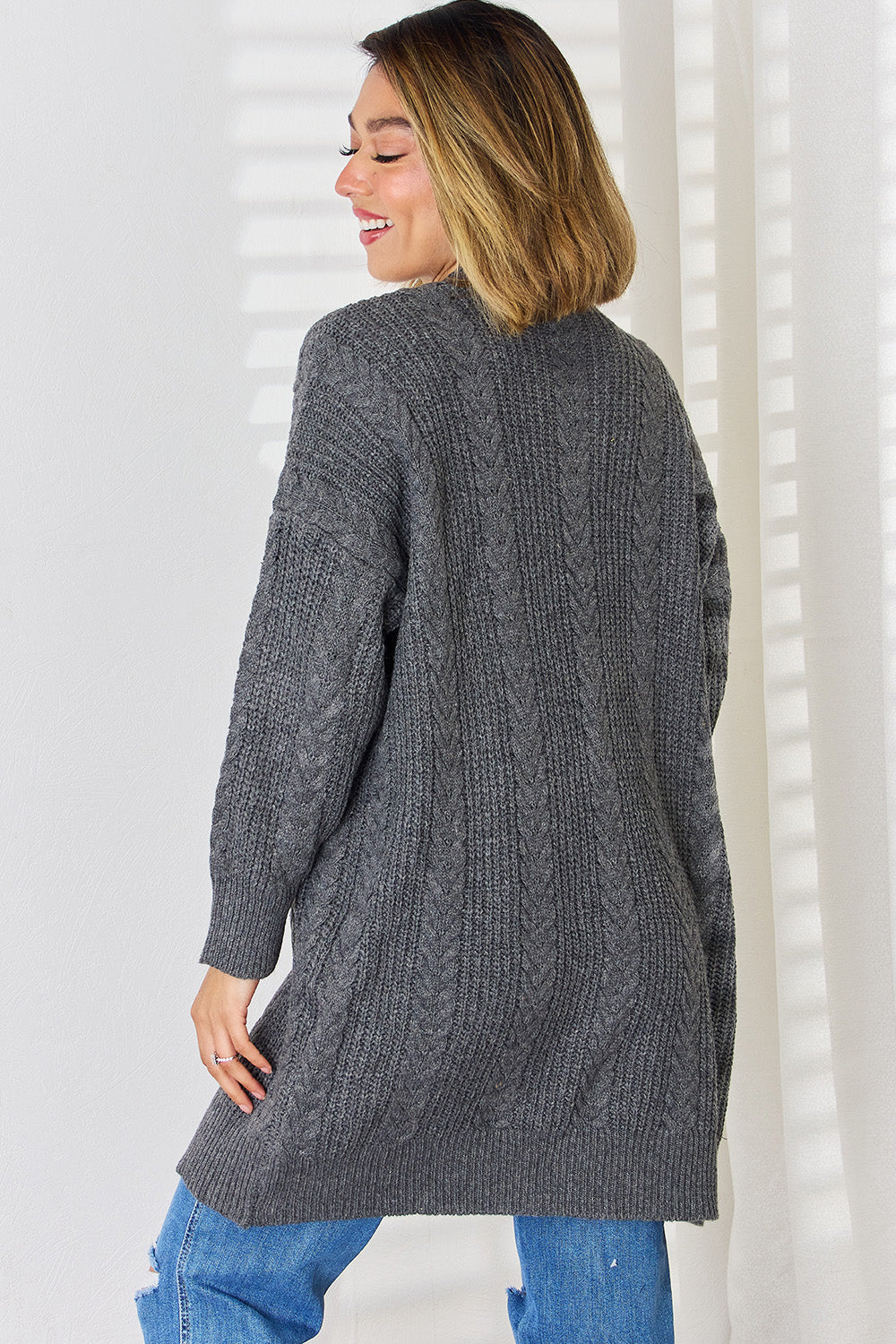 Cable-Knit Open Front Dropped Shoulder Cardigan 