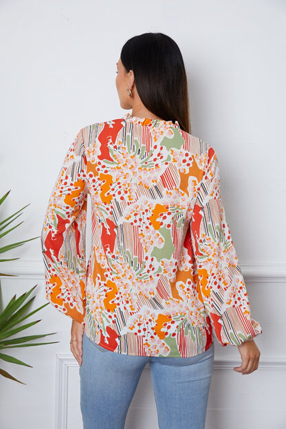 Floral Frill Notched Long Sleeve Blouse 