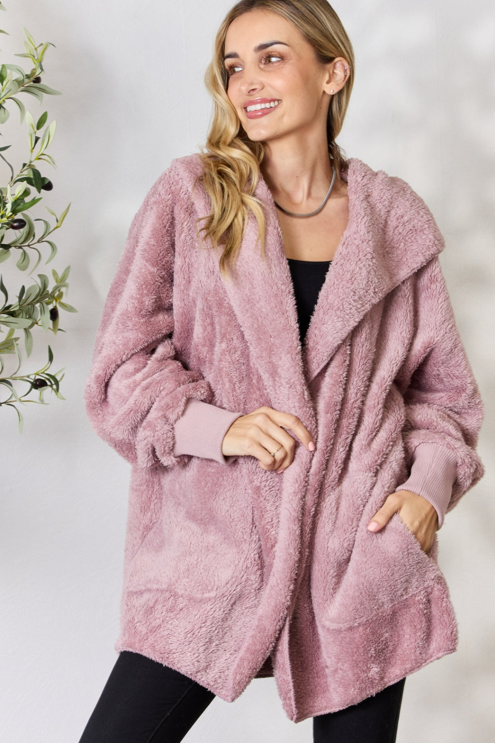 H&T Faux Fur Open Front Hooded Jacket 