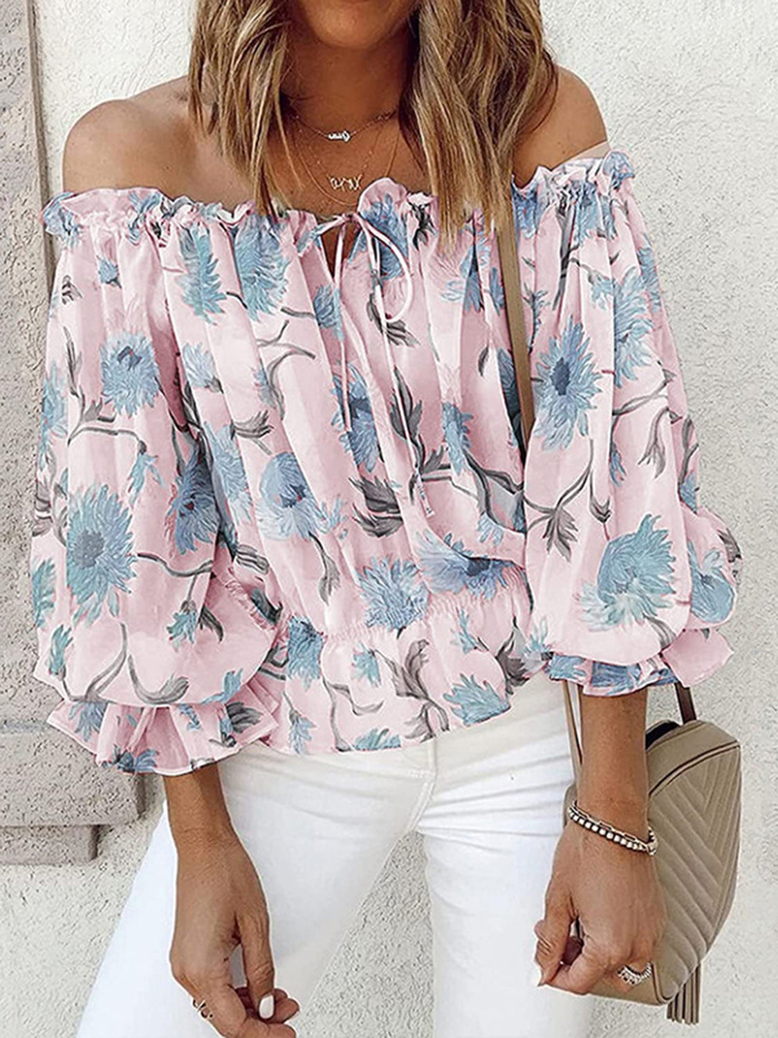 Floral Off-Shoulder Flounce Sleeve Blouse 