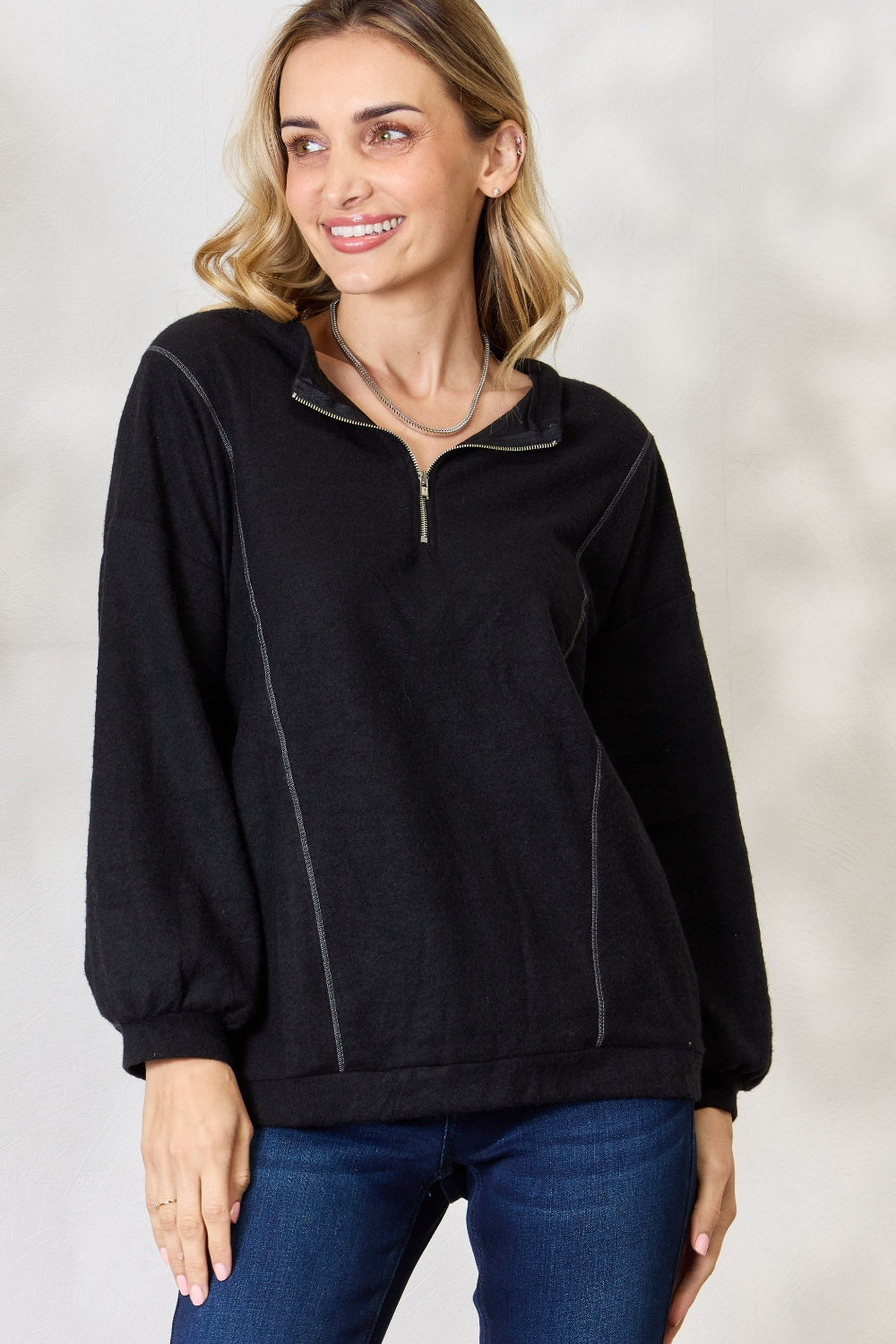 BiBi Half Zip Brushed Terry Long Sleeve Top 