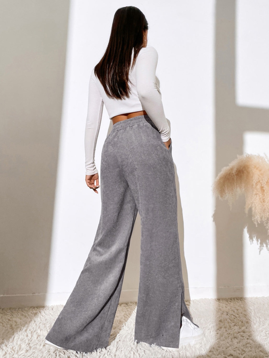 Slit Pocketed High Waist Wide Leg Pants 