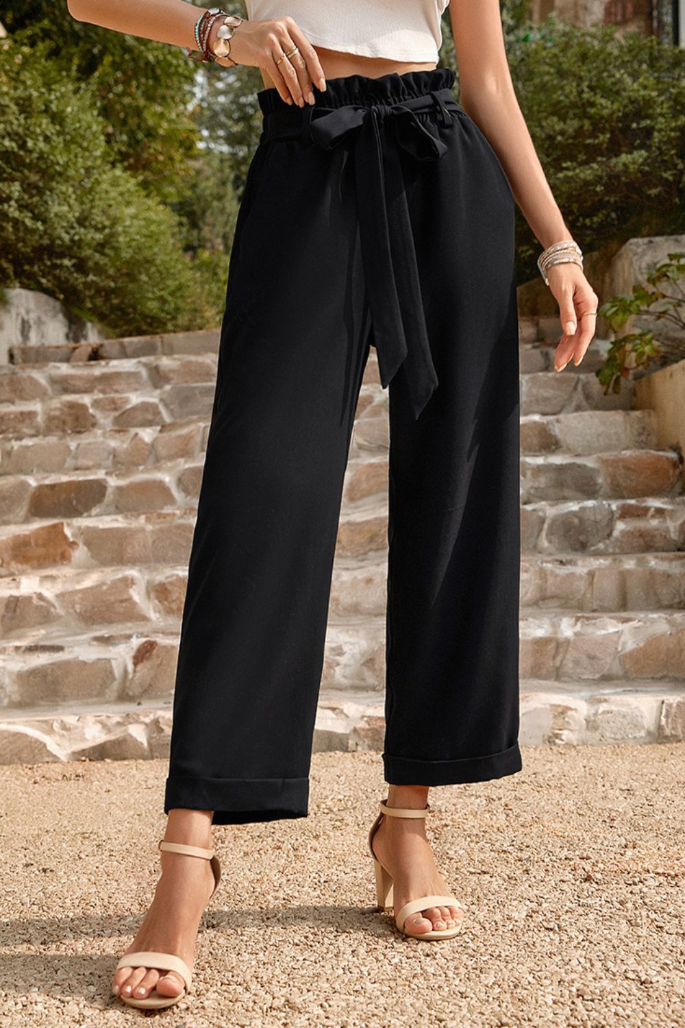 Tie Belt Paperbag Waist Straight Leg Pants 