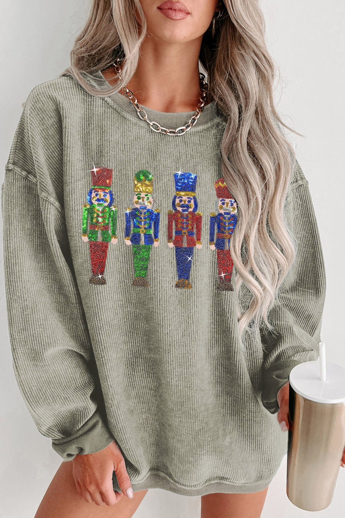 Sequin Nutcracker Drop Shoulder Sweatshirt - Babbazon Tops