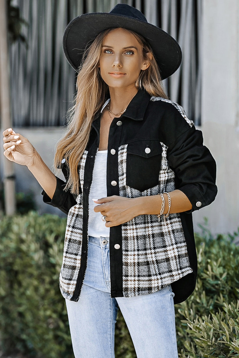 Plaid Pocketed Button Up Denim Jacket - Babbazon Jacket