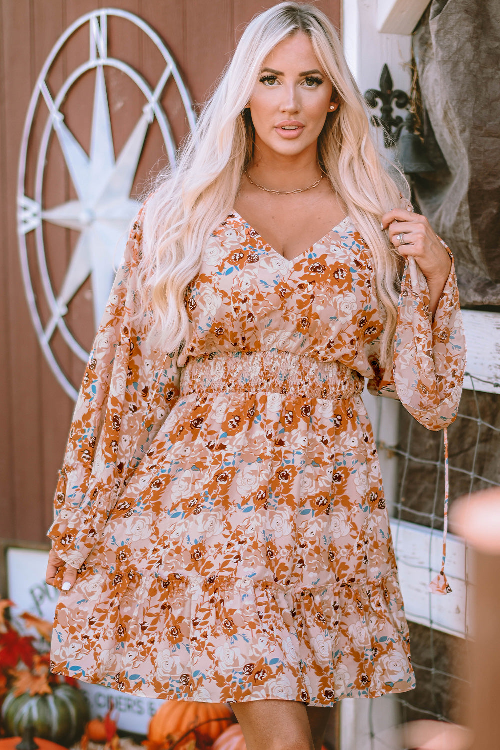 Floral Frill Trim V-Neck Smocked Dress 